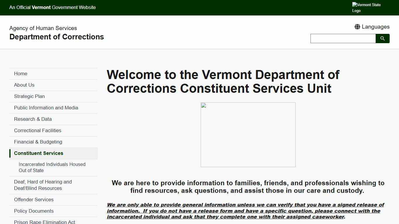 Welcome to the Vermont Department of Corrections Constituent Services Unit Department of Corrections